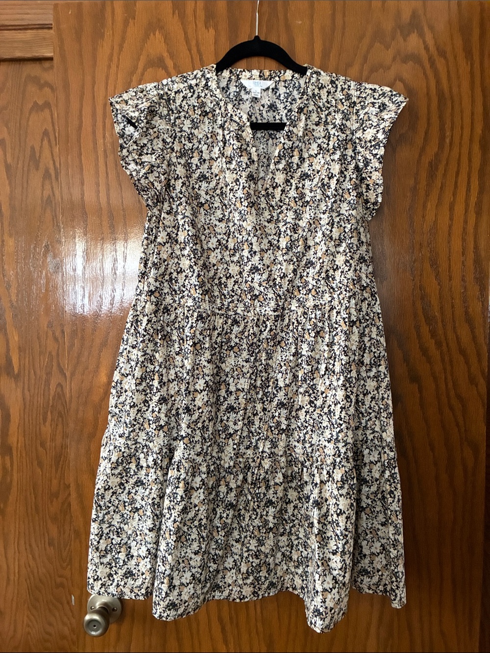 Time and Tru Cream Floral Midi Dress with Navy and Tan Accents